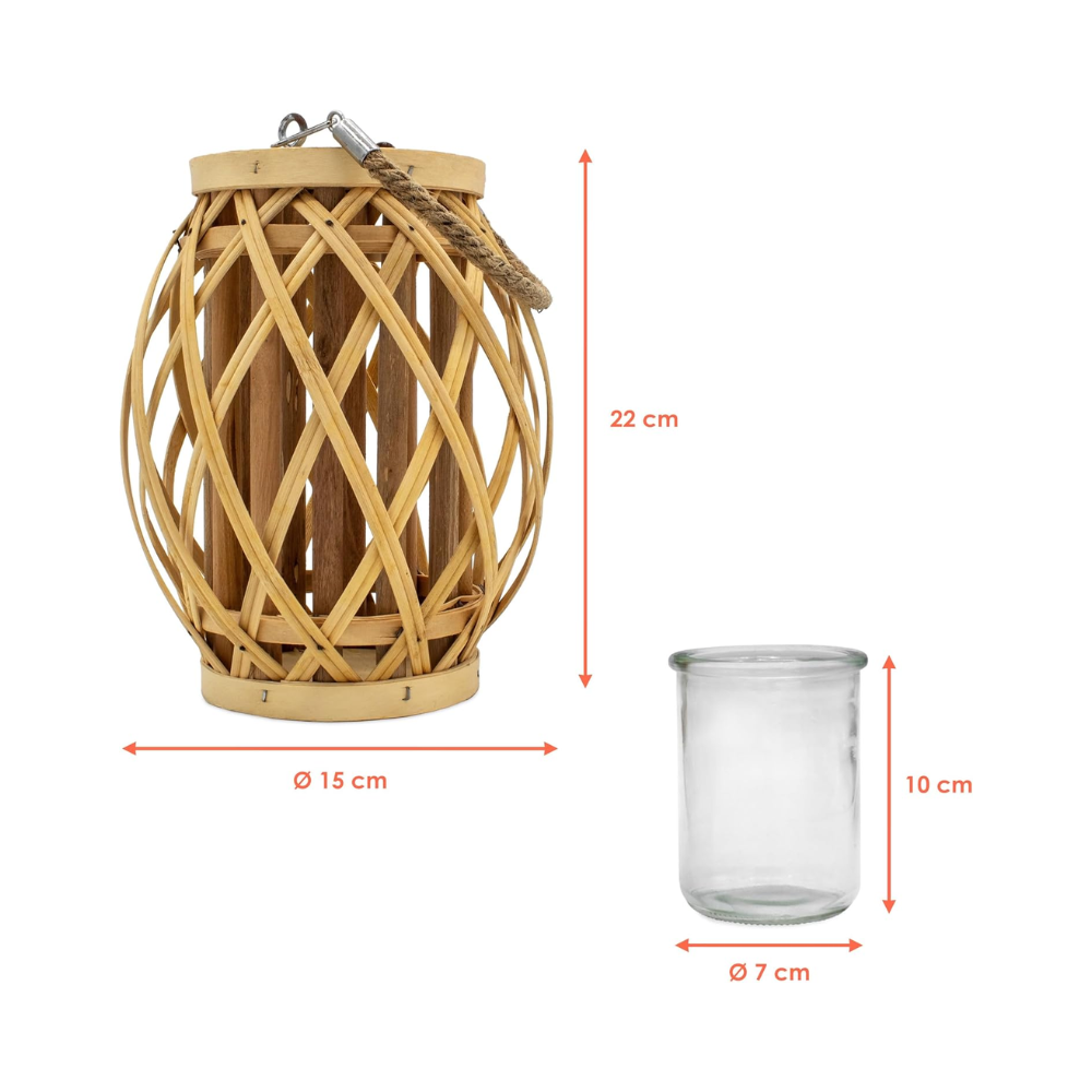 Lanterne en bois avec verre à bougie – Photophore suspendu avec corde de jute