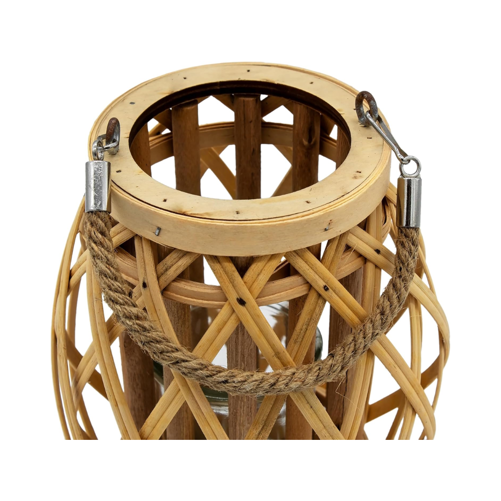 Lanterne en bois avec verre à bougie – Photophore suspendu avec corde de jute