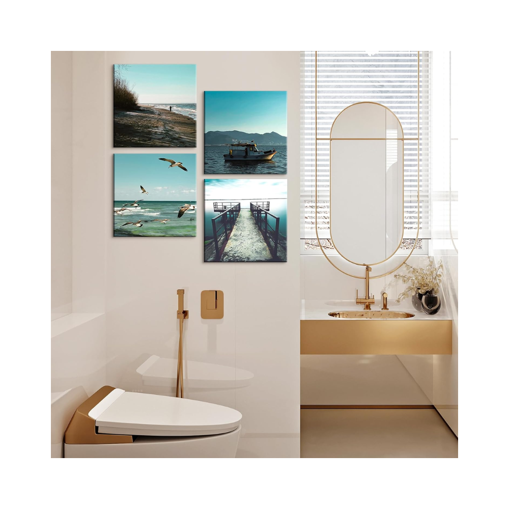 Ensemble de 4 impressions sur toile 30x30 cm – Cadres modernes décoratifs – Thème mer pour chambre, salon, cuisine, salle de bain
