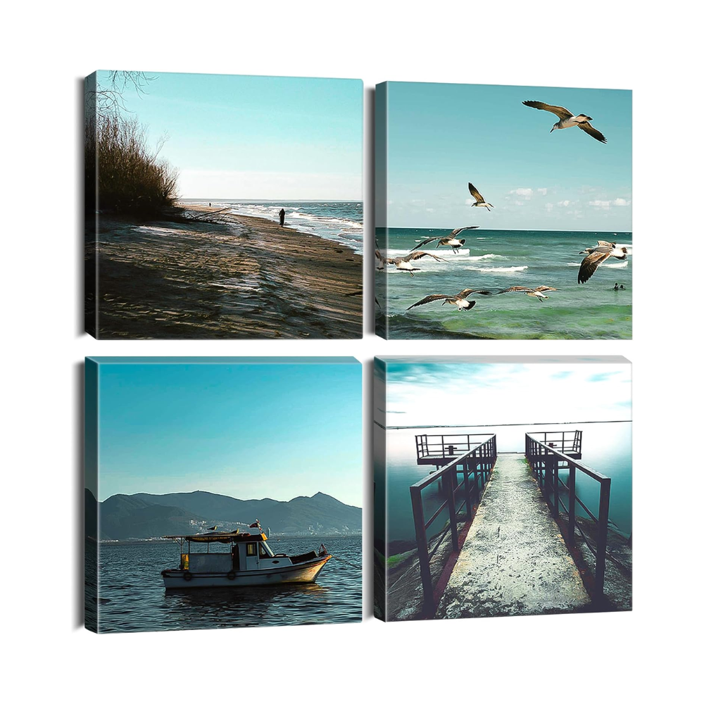 Ensemble de 4 impressions sur toile 30x30 cm – Cadres modernes décoratifs – Thème mer pour chambre, salon, cuisine, salle de bain