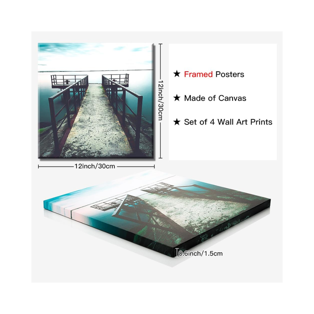 Ensemble de 4 impressions sur toile 30x30 cm – Cadres modernes décoratifs – Thème mer pour chambre, salon, cuisine, salle de bain