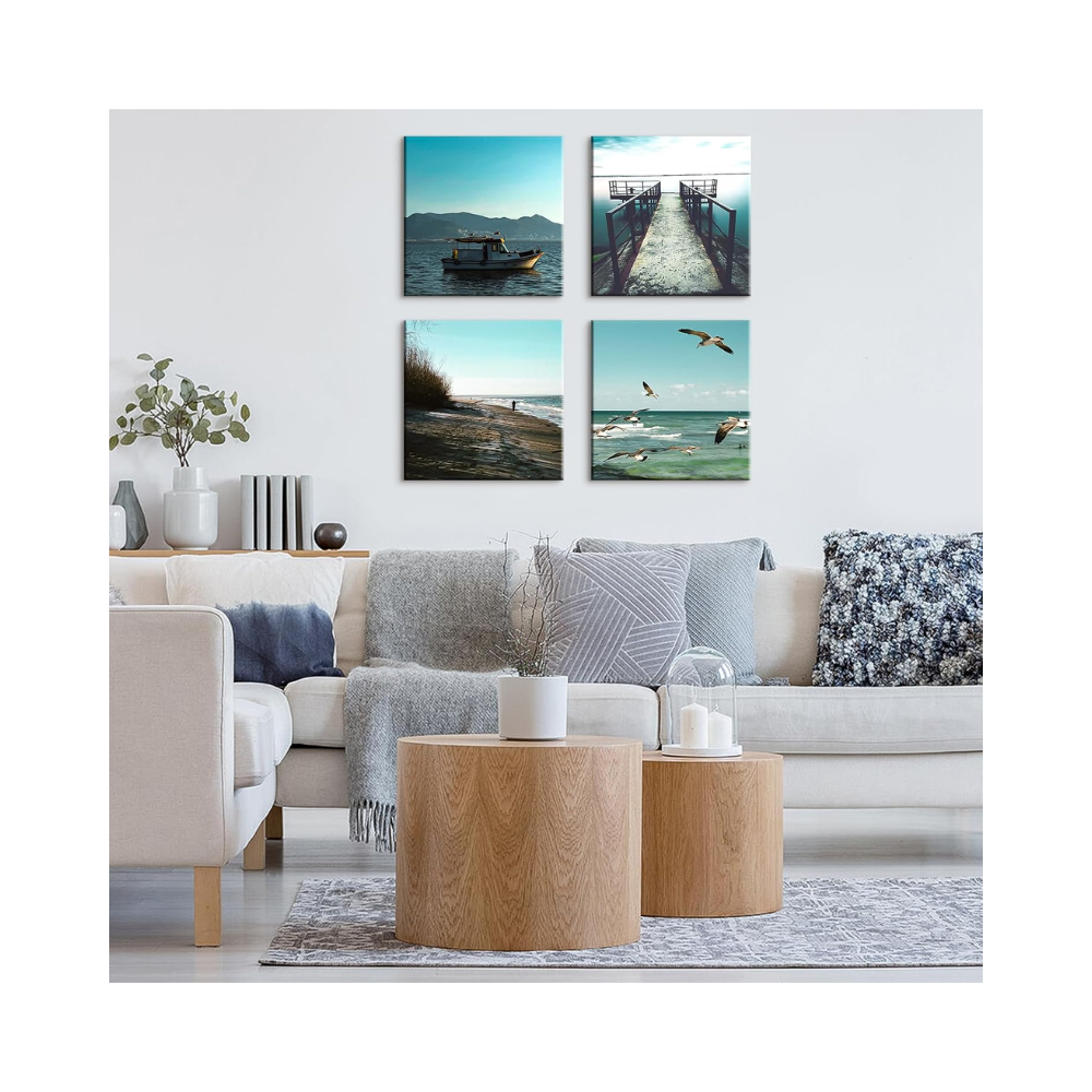 Ensemble de 4 impressions sur toile 30x30 cm – Cadres modernes décoratifs – Thème mer pour chambre, salon, cuisine, salle de bain