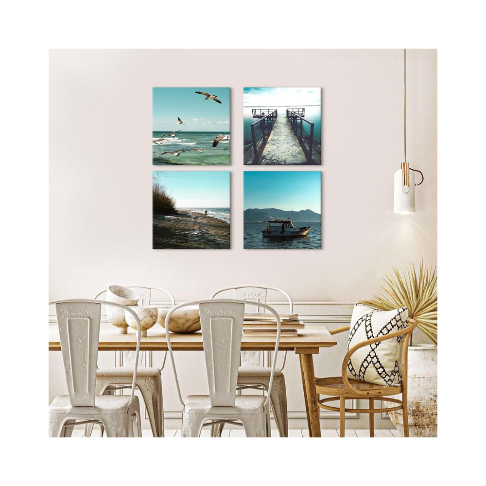 Ensemble de 4 impressions sur toile 30x30 cm – Cadres modernes décoratifs – Thème mer pour chambre, salon, cuisine, salle de bain