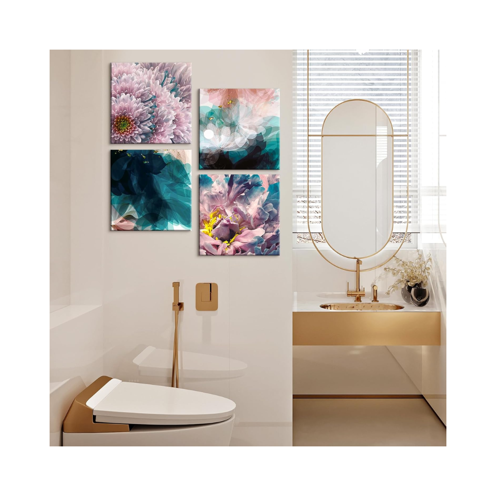 Ensemble de 4 peintures murales sur toile 30x30 cm – Cadres modernes décoratifs – Thème fleurs