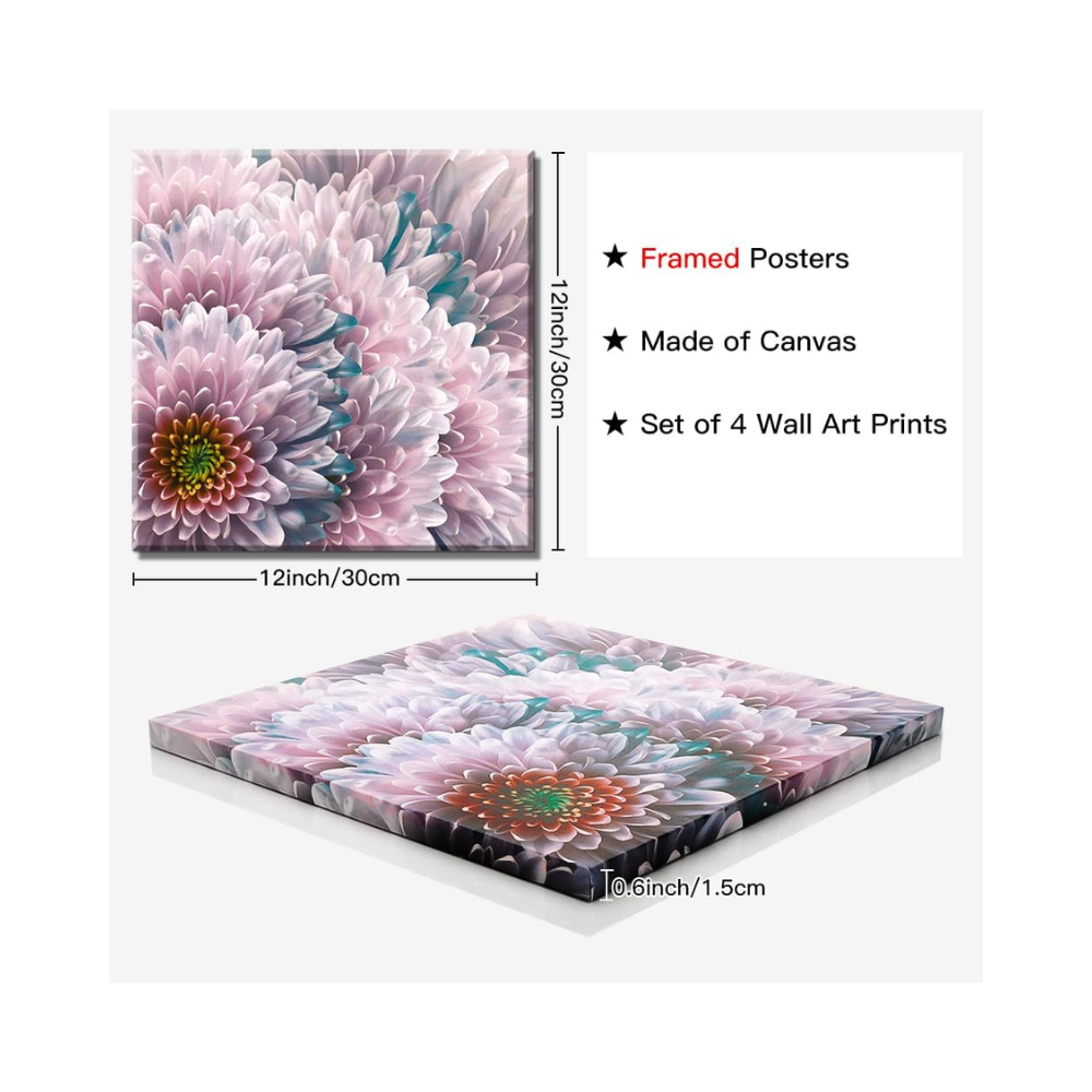 Ensemble de 4 peintures murales sur toile 30x30 cm – Cadres modernes décoratifs – Thème fleurs