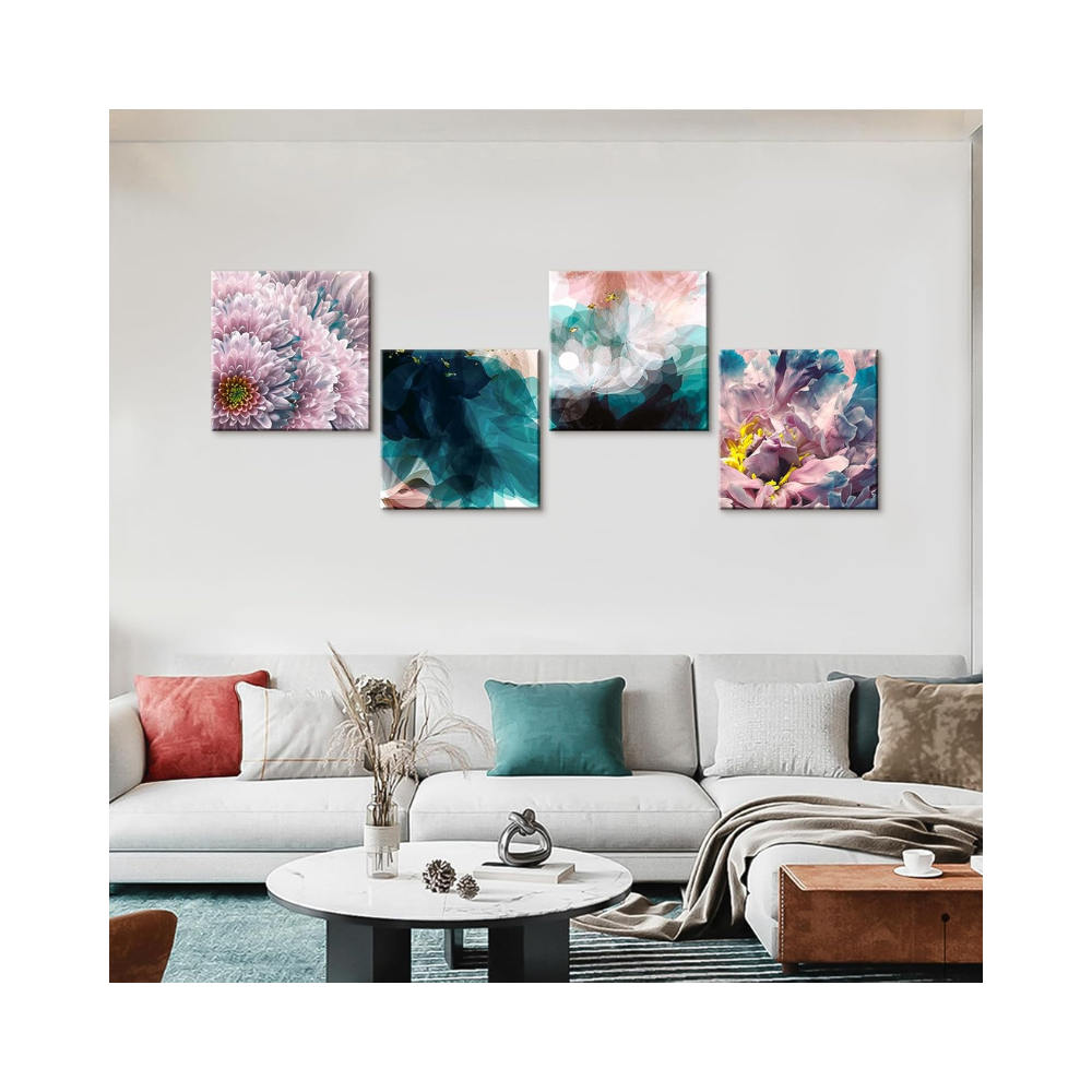 Ensemble de 4 peintures murales sur toile 30x30 cm – Cadres modernes décoratifs – Thème fleurs