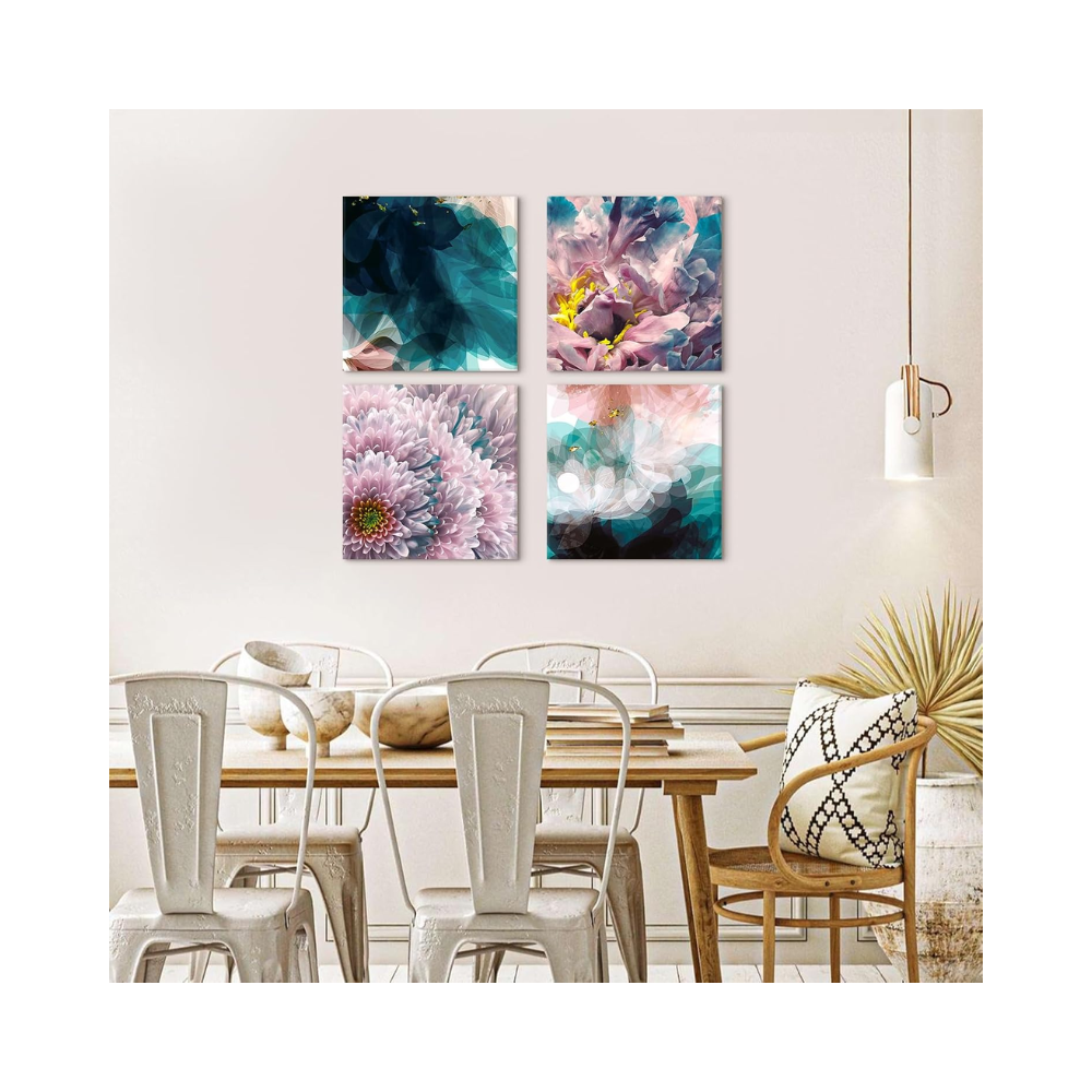 Ensemble de 4 peintures murales sur toile 30x30 cm – Cadres modernes décoratifs – Thème fleurs