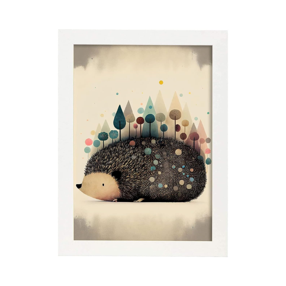 Affiche décorative murale A4 – Forêt de Hérisson – Cadre blanc