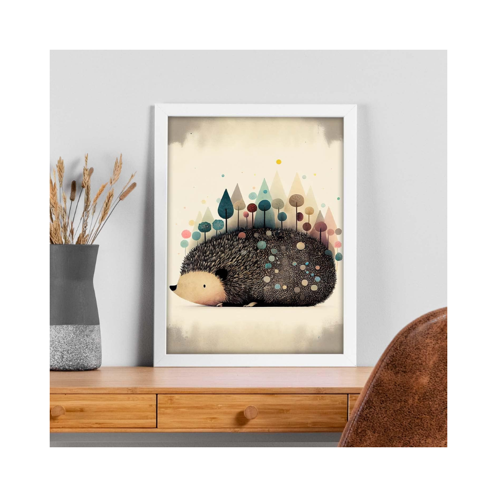 Affiche décorative murale A4 – Forêt de Hérisson – Cadre blanc