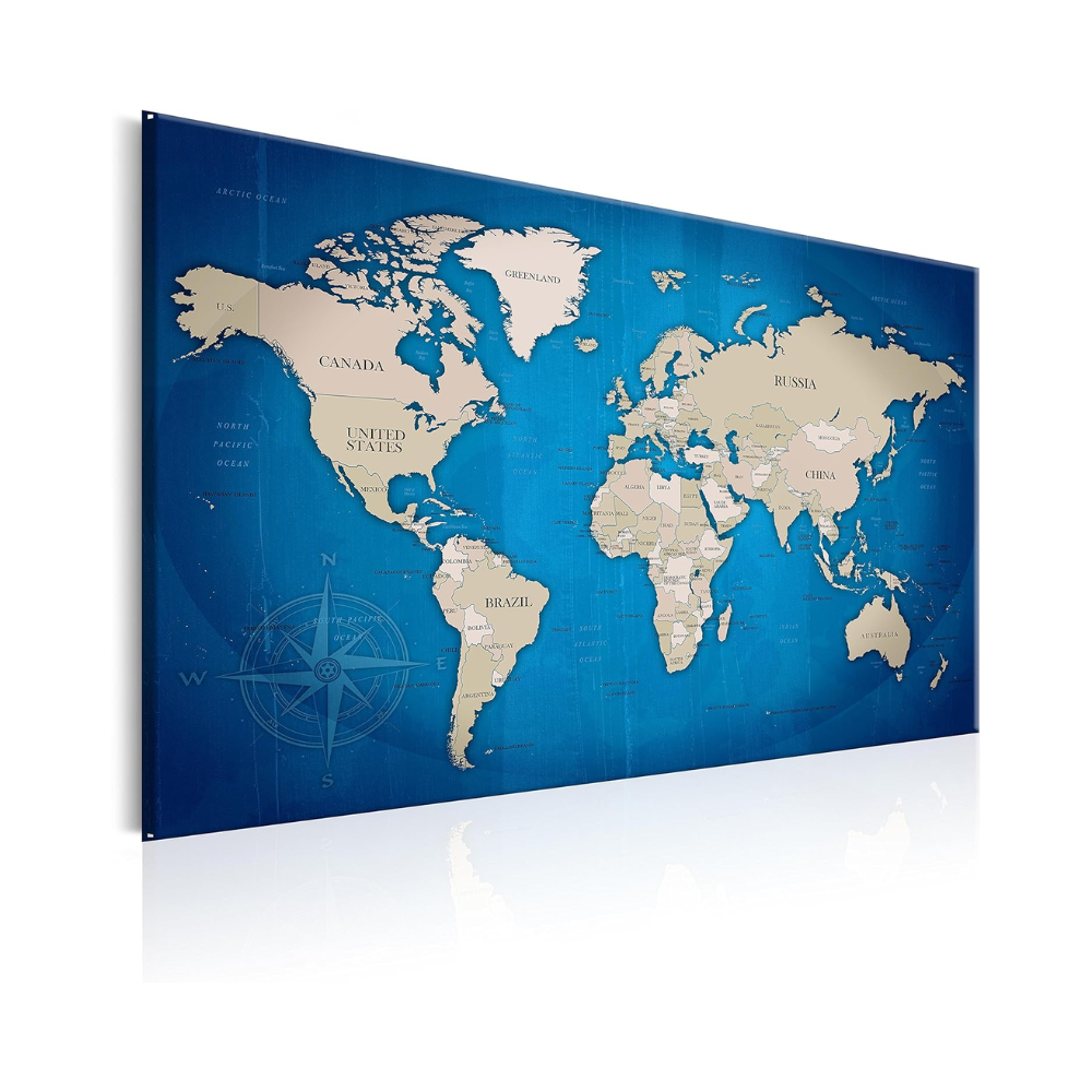 Tableau en liège – Mappemonde vintage – 90 x 60 cm – Cadre en bois