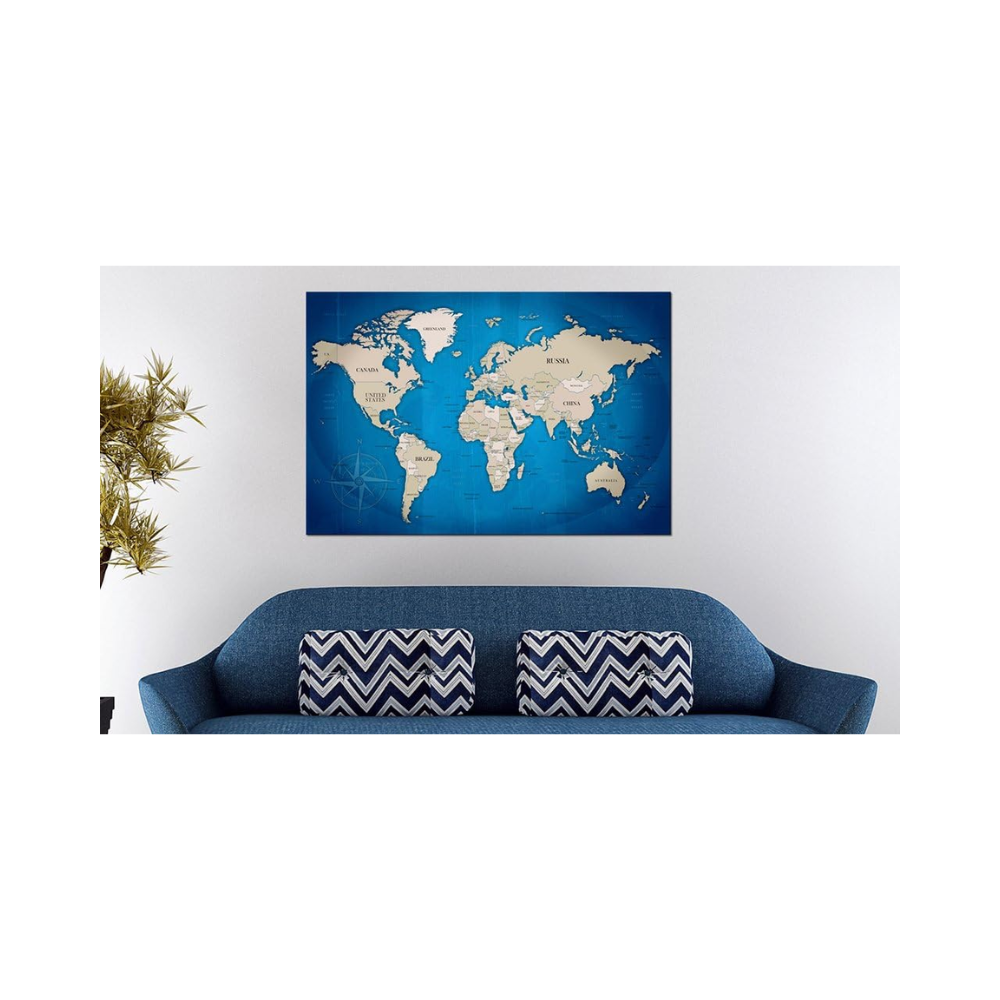 Tableau en liège – Mappemonde vintage – 90 x 60 cm – Cadre en bois