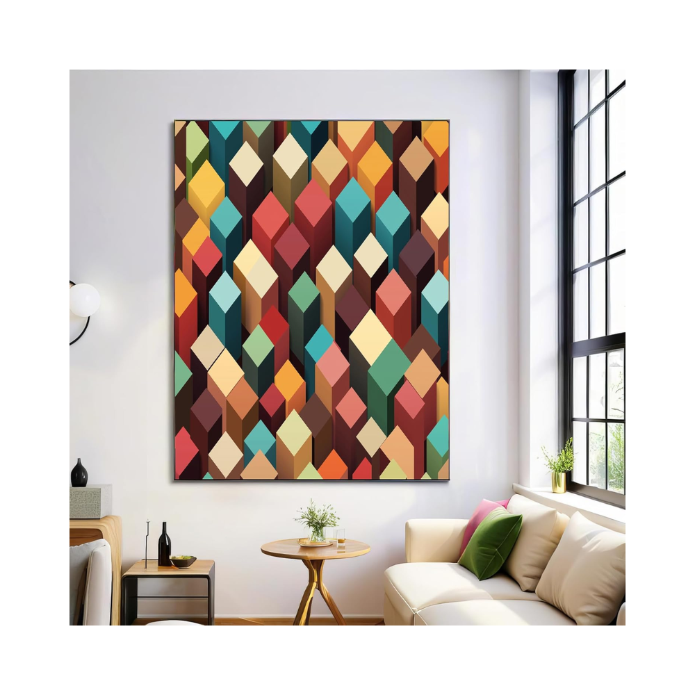 Tableau décoratif sur toile – Géométrie cubique abstraite – 50 x 70 cm – Rouge et bleu