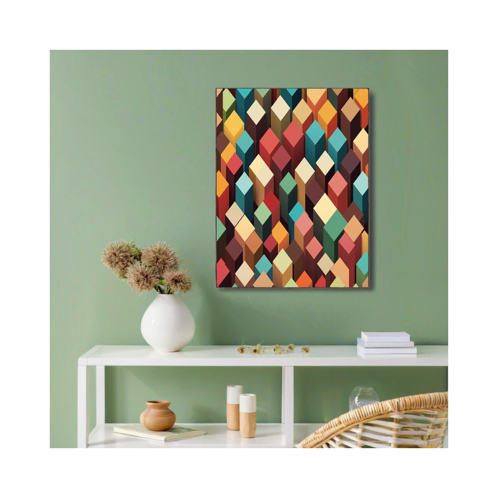 Tableau décoratif sur toile – Géométrie cubique abstraite – 50 x 70 cm – Rouge et bleu