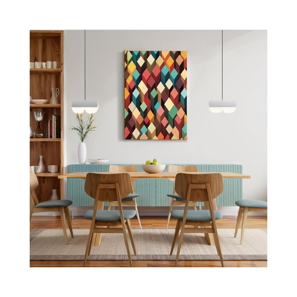 Tableau décoratif sur toile – Géométrie cubique abstraite – 50 x 70 cm – Rouge et bleu