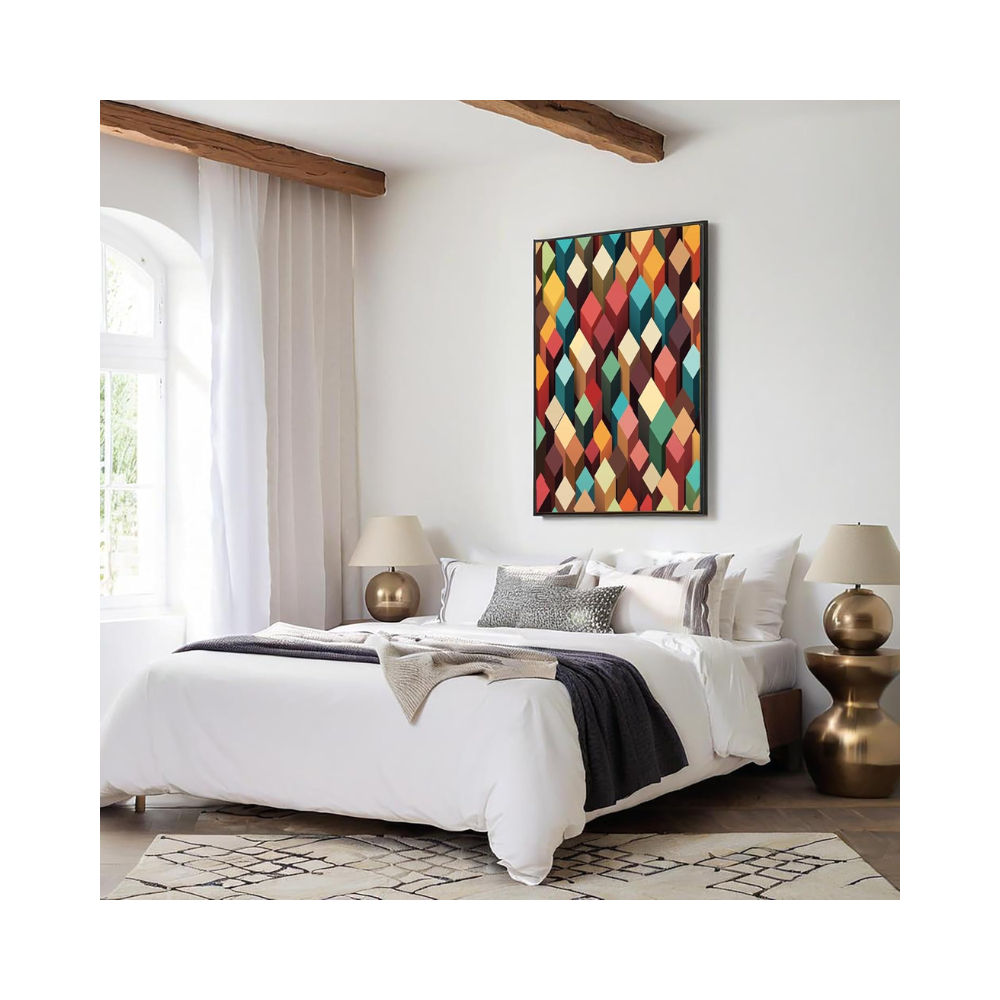 Tableau décoratif sur toile – Géométrie cubique abstraite – 50 x 70 cm – Rouge et bleu