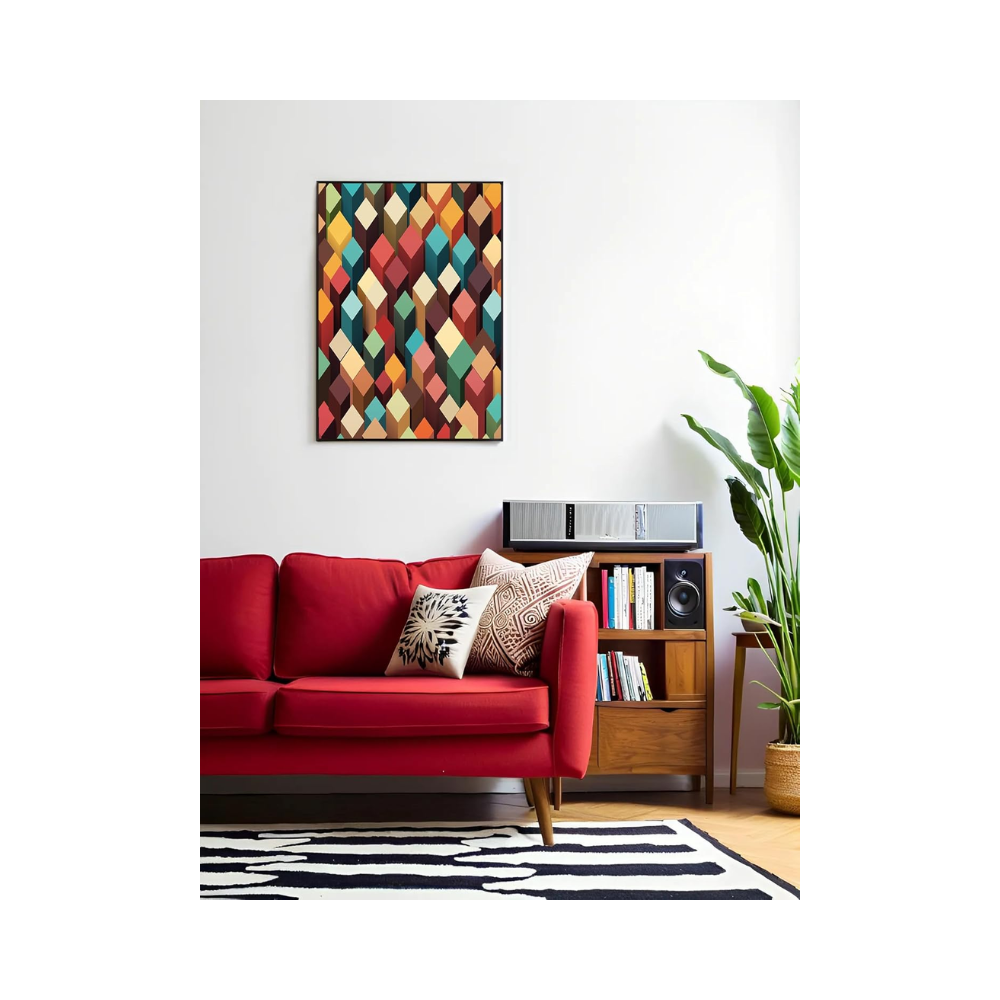 Tableau décoratif sur toile – Géométrie cubique abstraite – 50 x 70 cm – Rouge et bleu