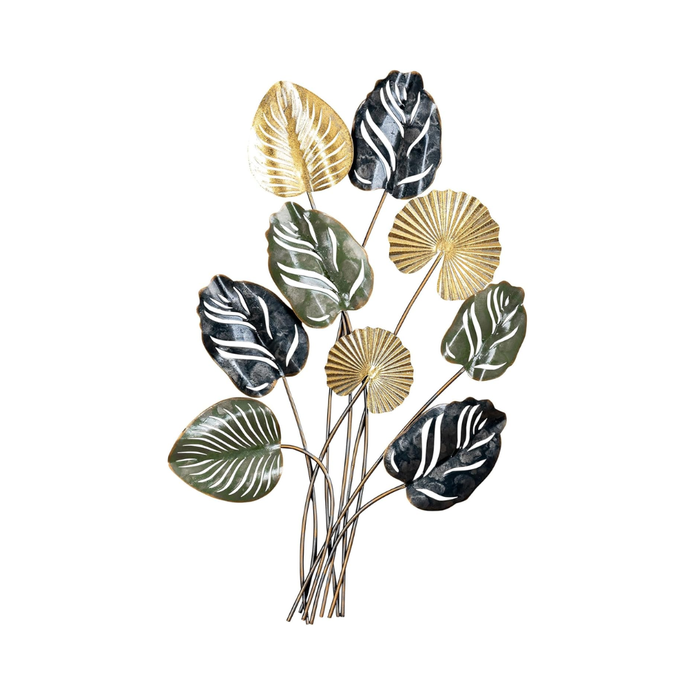 Décoration murale Monstera en métal – 86 cm, finition dorée et verte, effet 3D