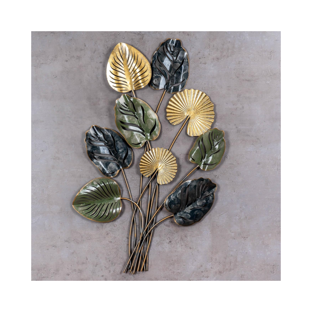 Décoration murale Monstera en métal – 86 cm, finition dorée et verte, effet 3D