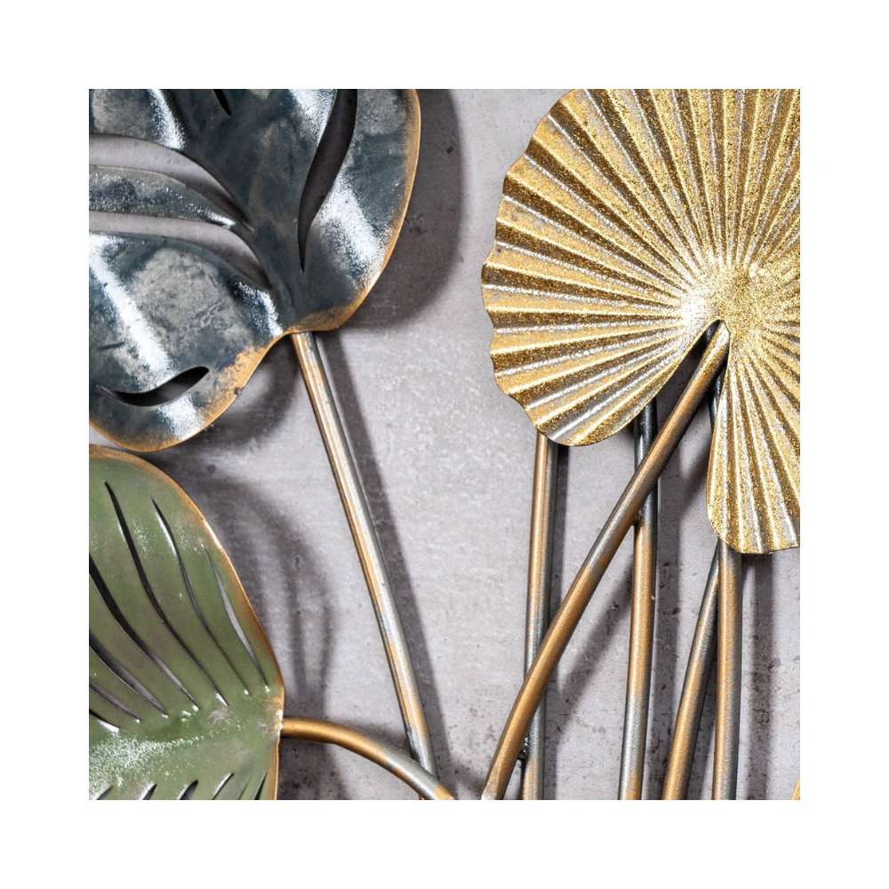 Décoration murale Monstera en métal – 86 cm, finition dorée et verte, effet 3D