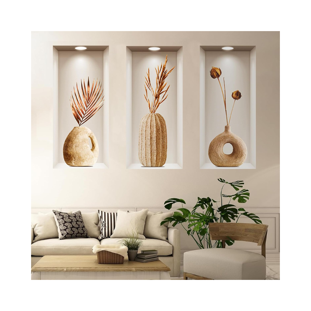 Lot de 3 autocollants muraux – motif vase 3D avec fleurs – décoration pour salon