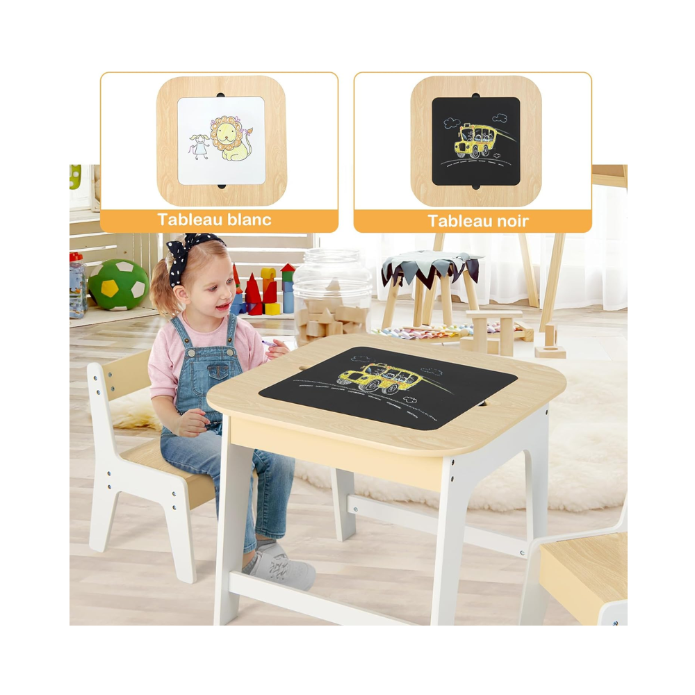 Table à Dessin pour Enfants avec 2 Chaises – Tableau Double Face et Rangement Intégré