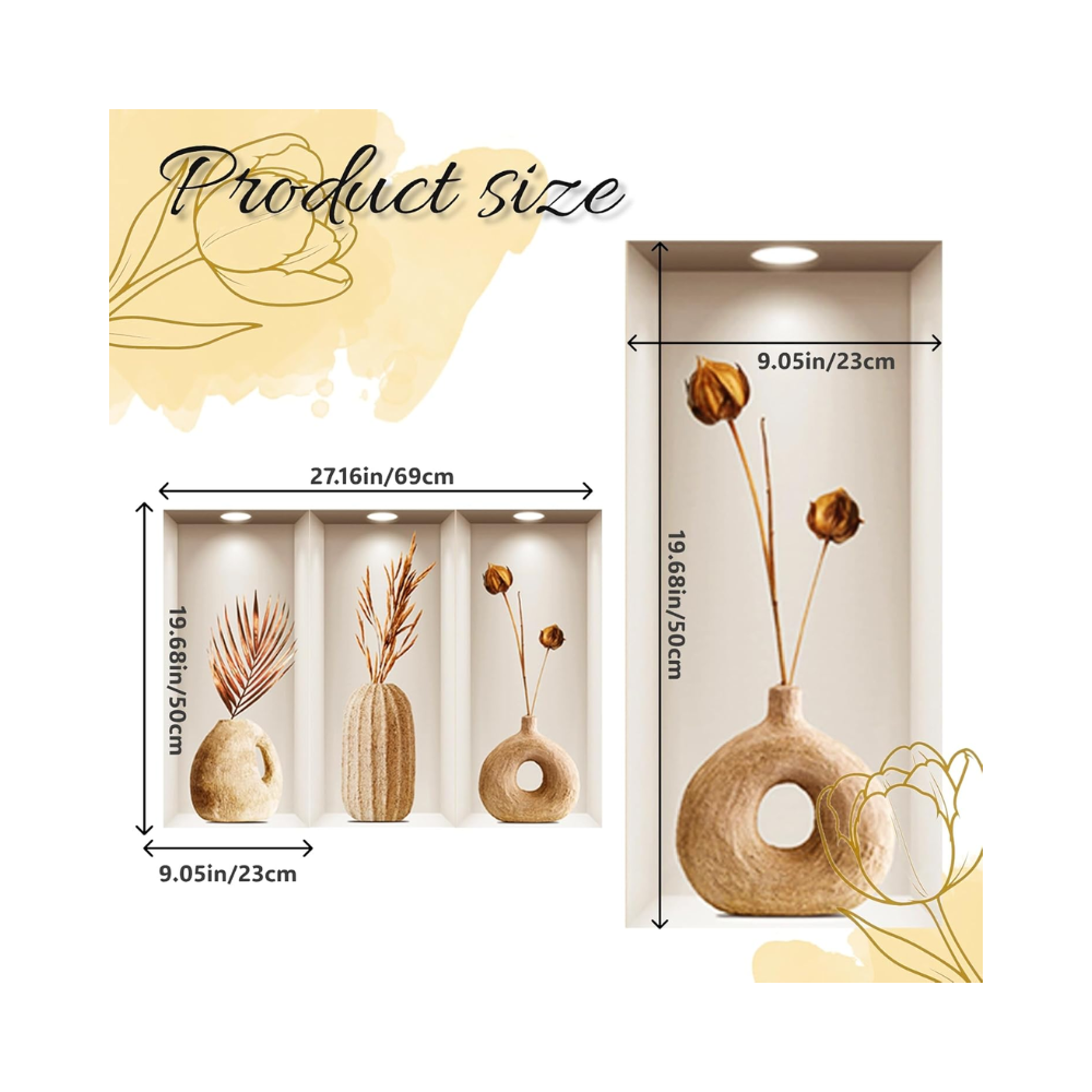 Lot de 3 autocollants muraux – motif vase 3D avec fleurs – décoration pour salon