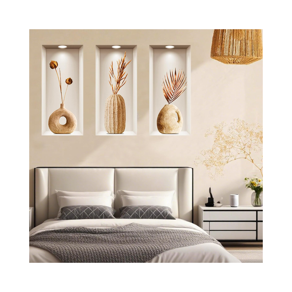 Lot de 3 autocollants muraux – motif vase 3D avec fleurs – décoration pour salon