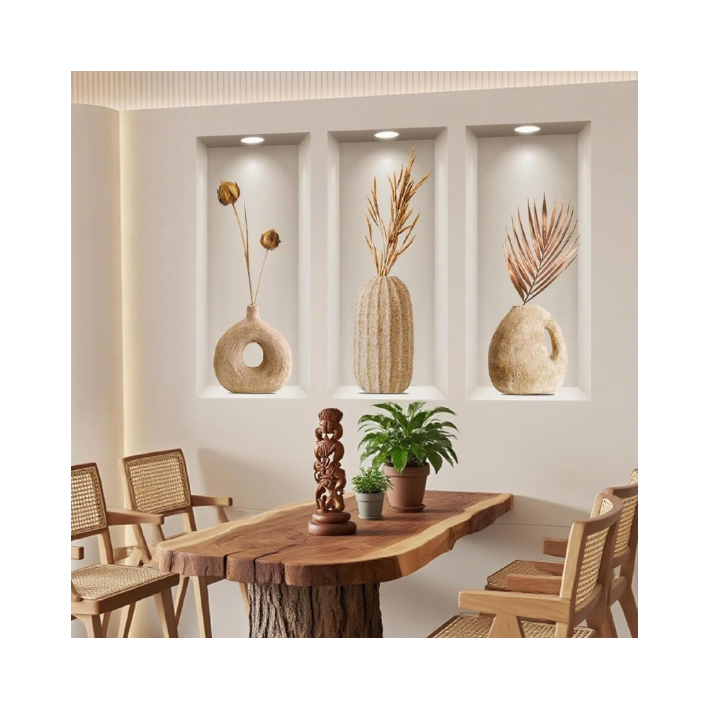 Lot de 3 autocollants muraux – motif vase 3D avec fleurs – décoration pour salon
