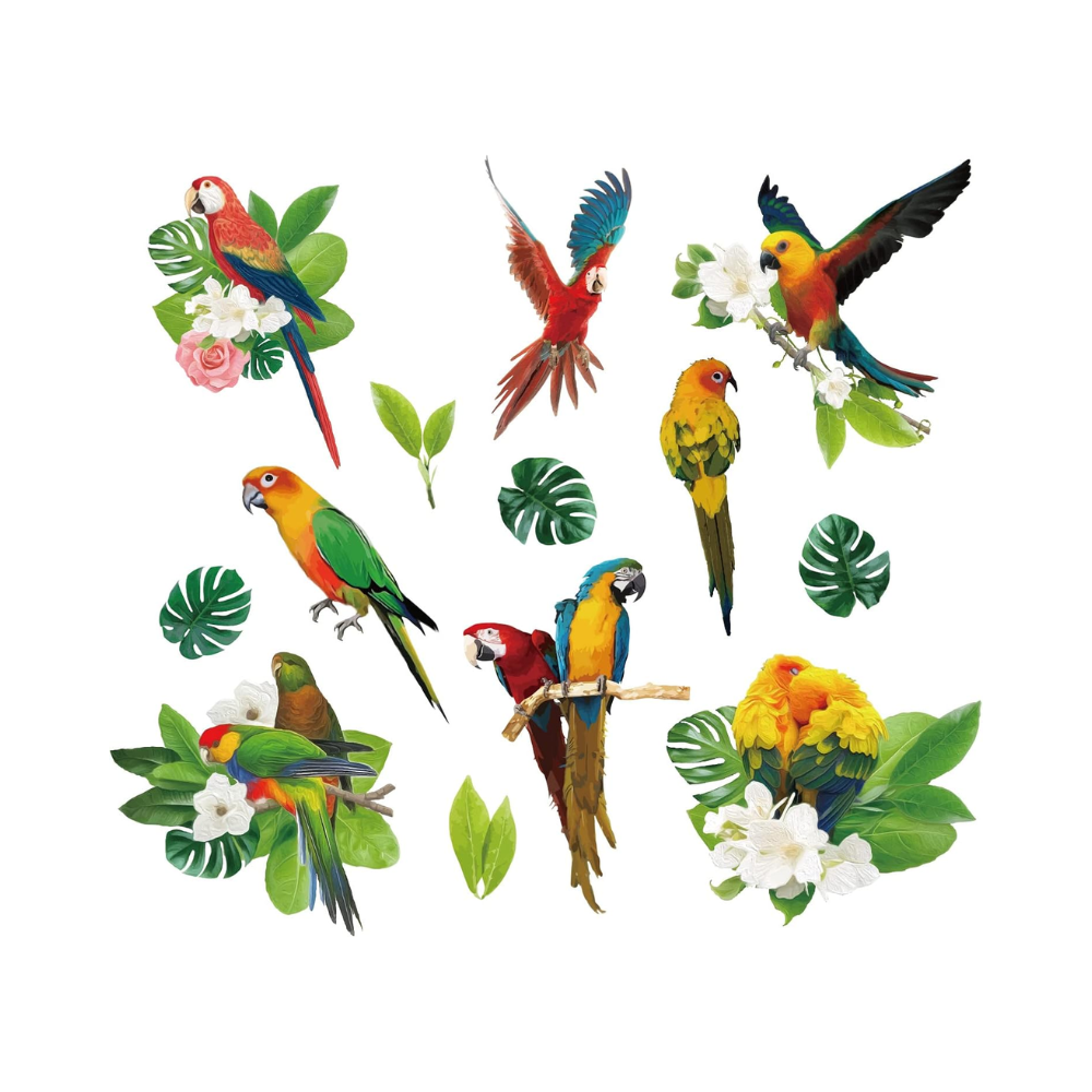 Stickers muraux tropicaux en vinyle – perroquets, feuilles vertes et fleurs aquarelle