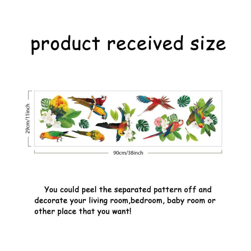 Stickers muraux tropicaux en vinyle – perroquets, feuilles vertes et fleurs aquarelle
