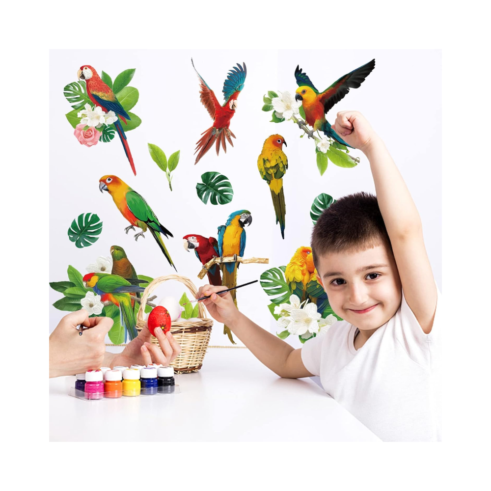 Stickers muraux tropicaux en vinyle – perroquets, feuilles vertes et fleurs aquarelle