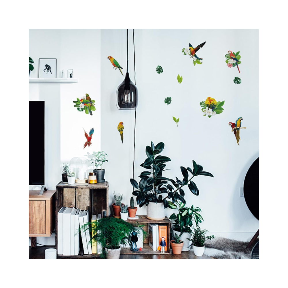 Stickers muraux tropicaux en vinyle – perroquets, feuilles vertes et fleurs aquarelle