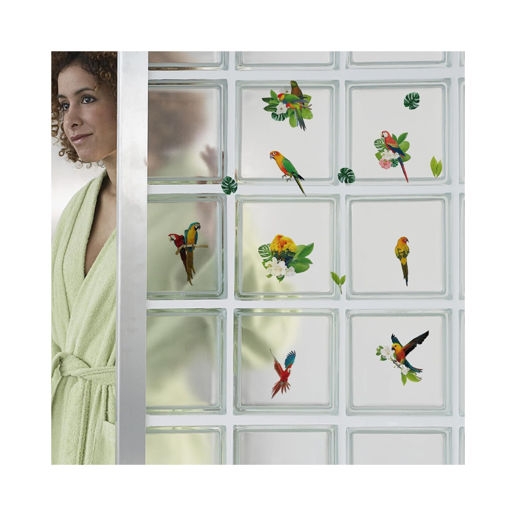 Stickers muraux tropicaux en vinyle – perroquets, feuilles vertes et fleurs aquarelle