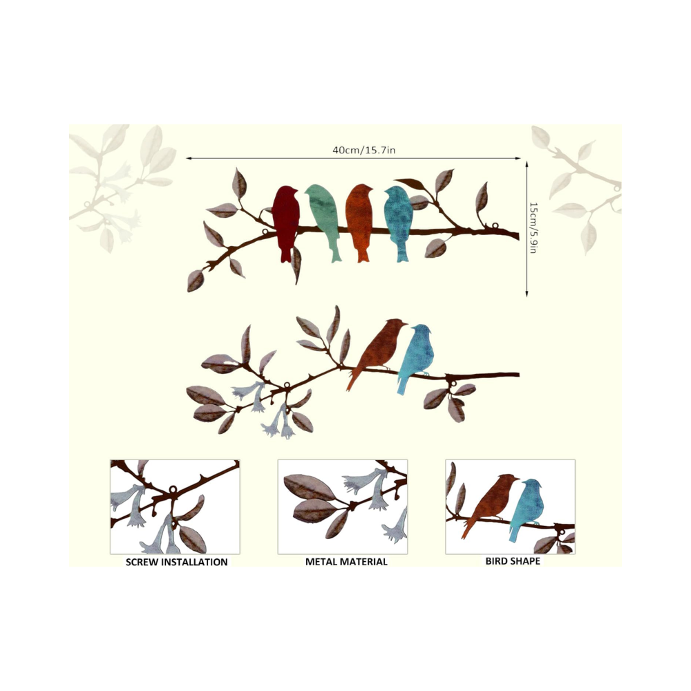 Décoration murale d'oiseau en métal, 2 pièces, Oiseaux et Feuillage