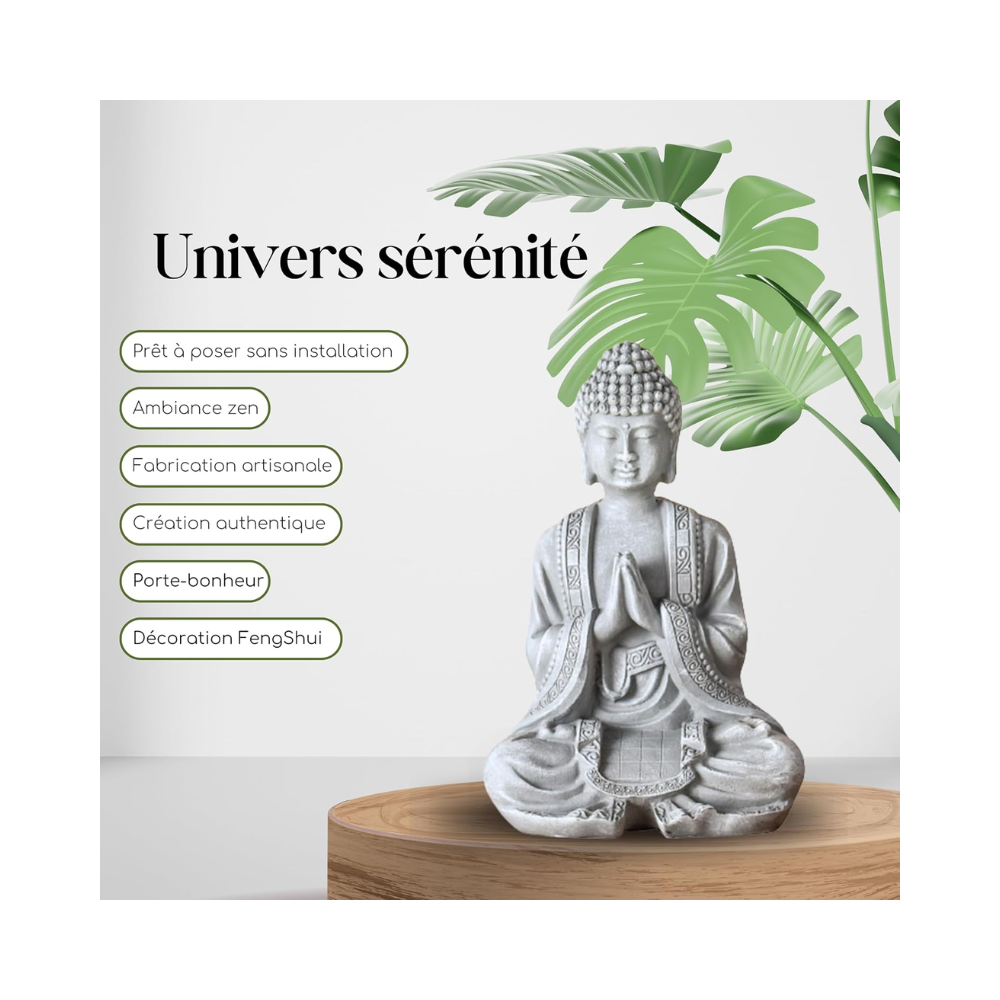 Statue Bouddha Méditation– Décoration Feng Shui Porte-Bonheur Grise 12 cm