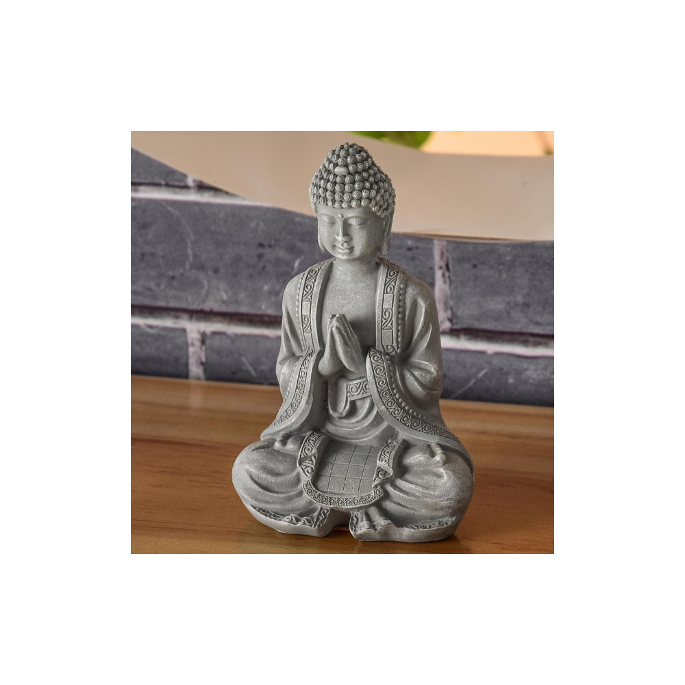 Statue Bouddha Méditation– Décoration Feng Shui Porte-Bonheur Grise 12 cm