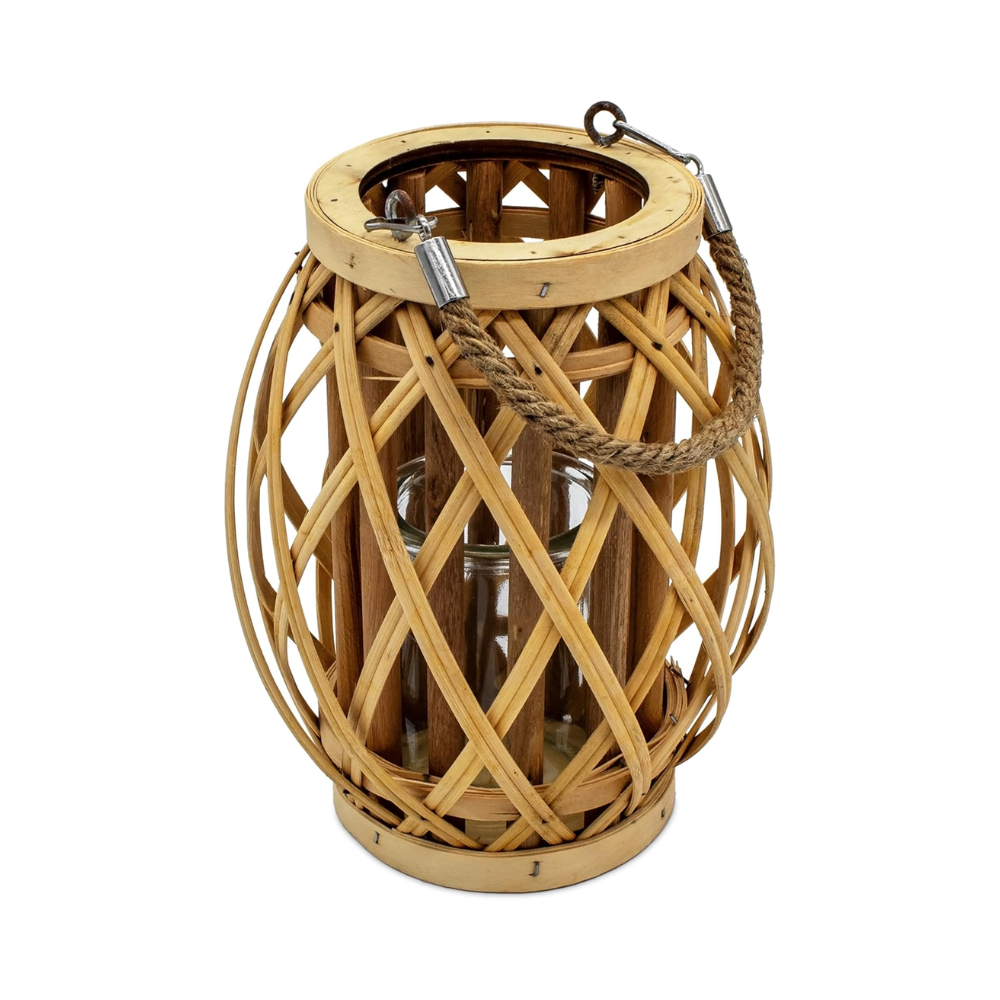Lanterne en bois avec verre à bougie – Photophore suspendu avec corde de jute