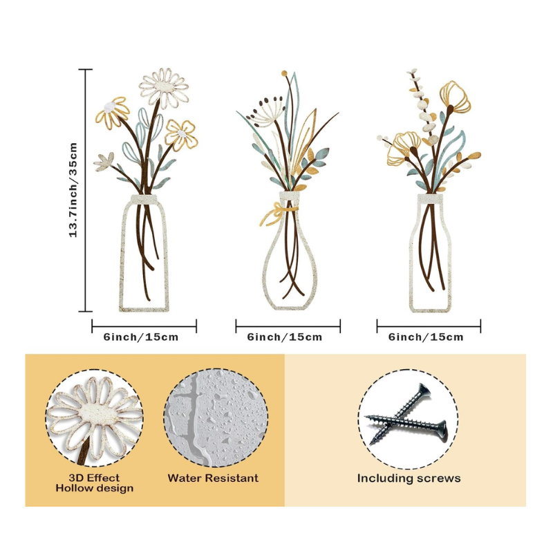 Lot de 3 déco fleurs en métal