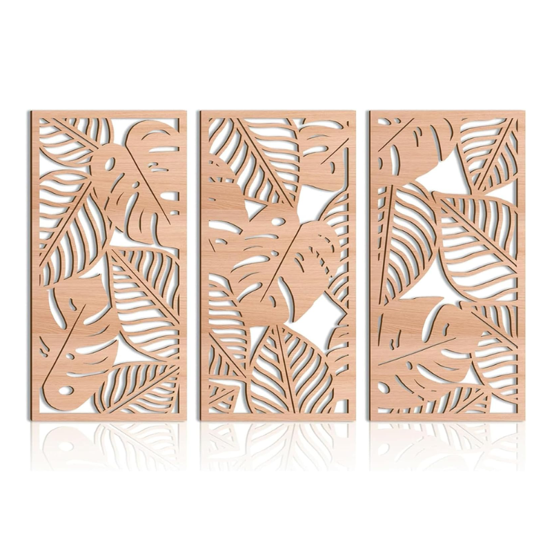 Lot de 3 panneaux en bois - feuilles tropicales
