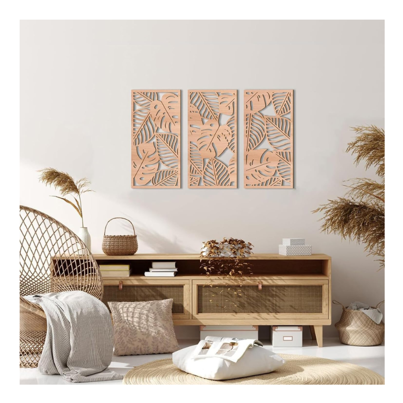 Lot de 3 panneaux en bois - feuilles tropicales