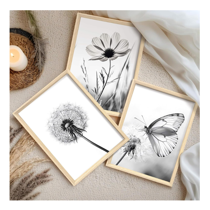 Lot 3 tableaux fleurs papillon noir et blanc 30x40cm