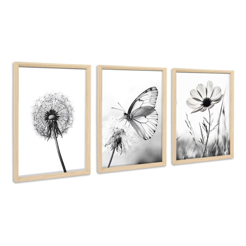 Lot 3 tableaux fleurs papillon noir et blanc 30x40cm