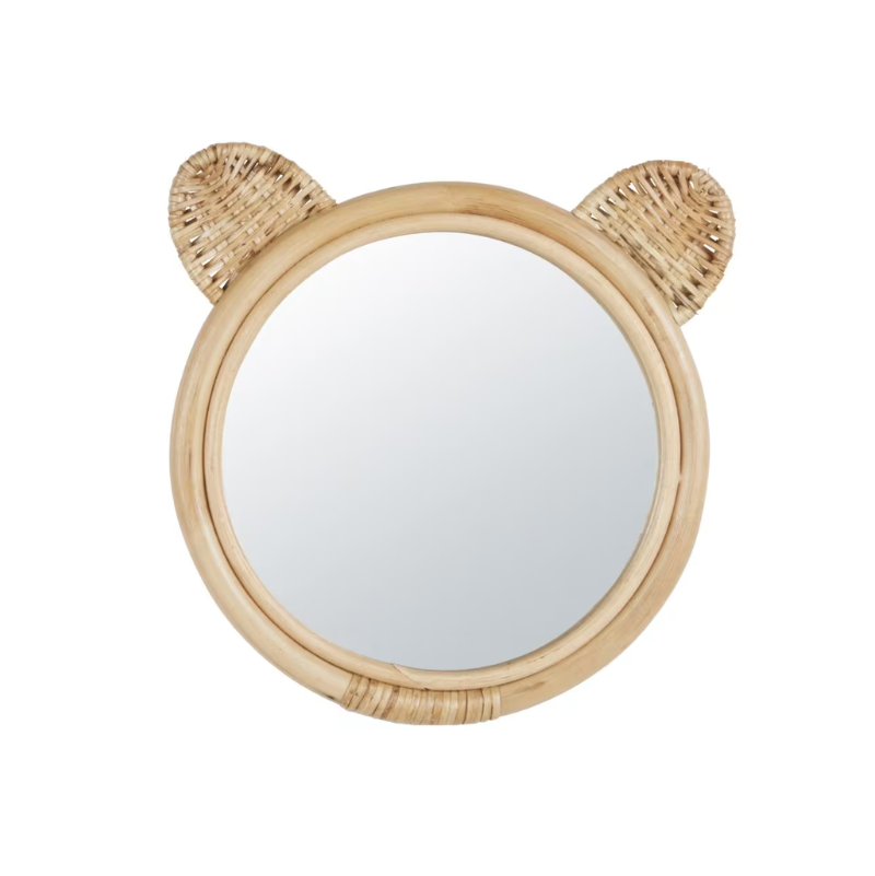 OCTAVE - miroir rond et oreilles en rotin beige