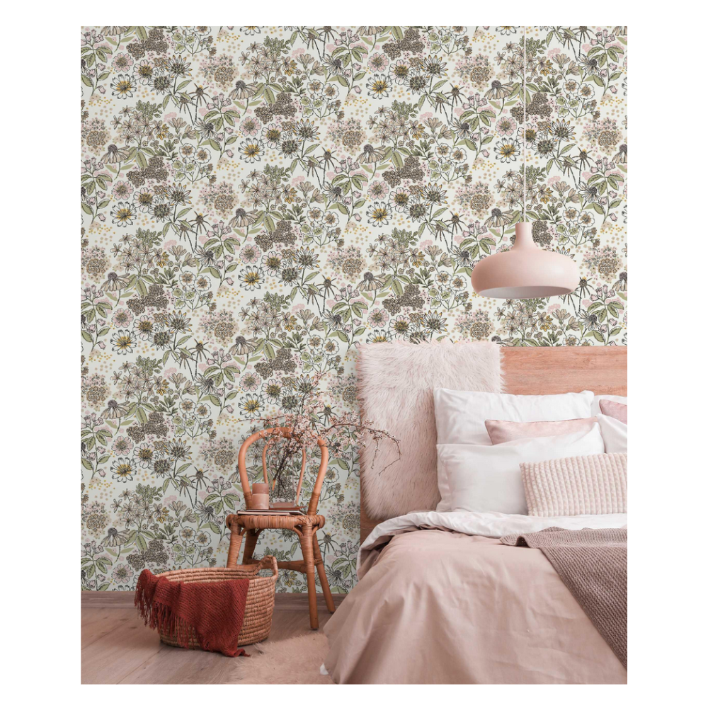 Papier peint intissé Petit bouquet beige, rose et vert