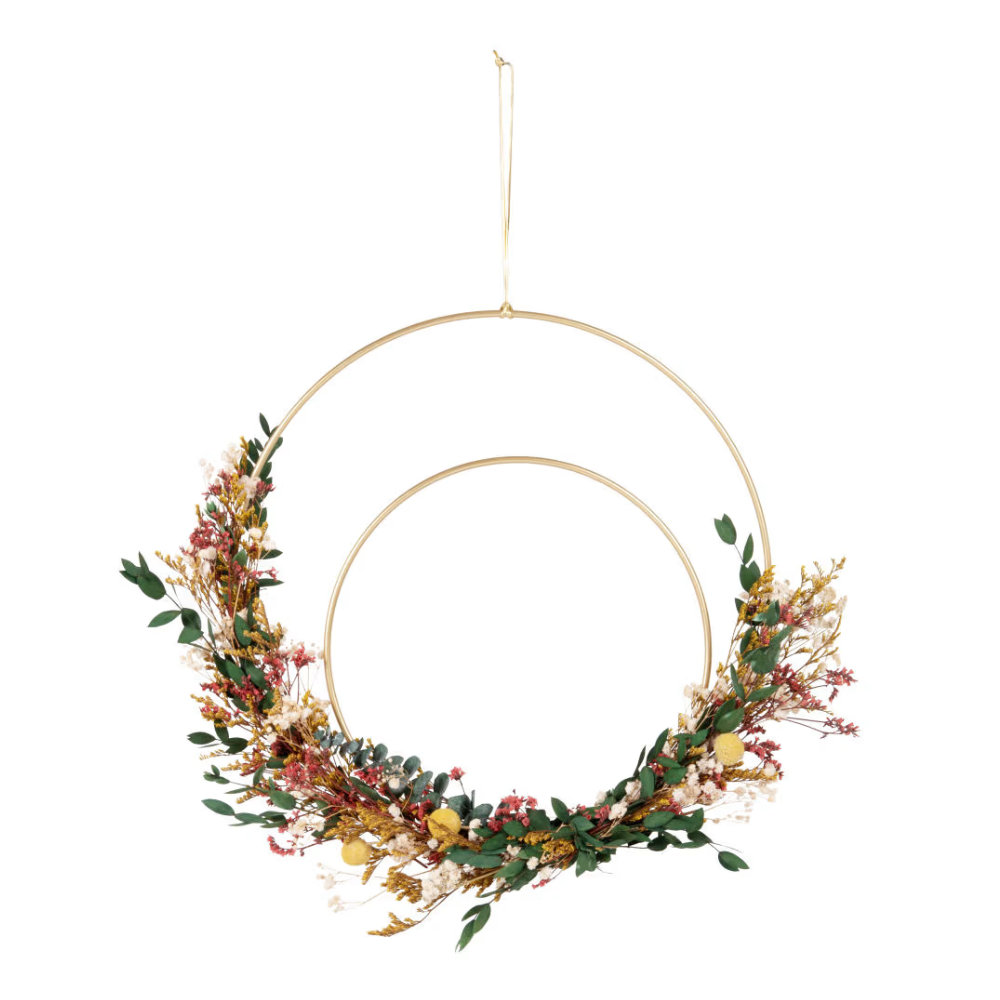 Couronne en métal doré et fleurs séchées