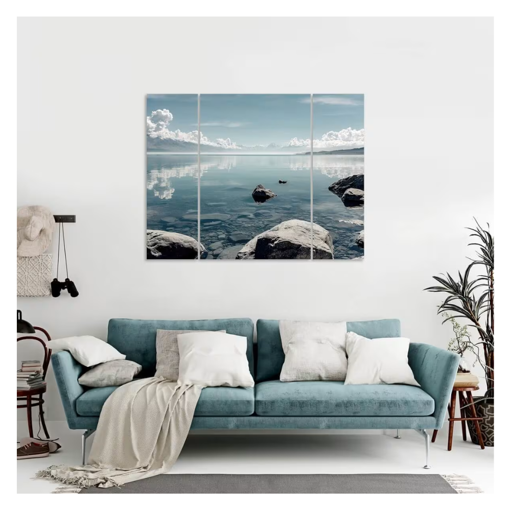 Triptyque sur toile rivière et rocher - 125x97cm